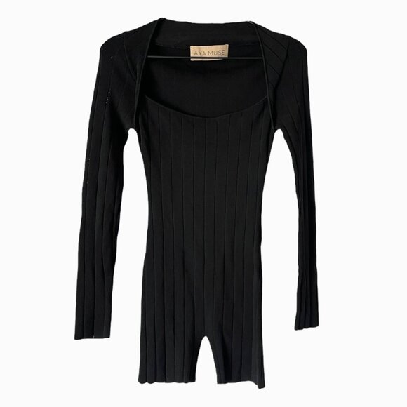 Aya Muse Fiona Ribbed Knit Romper Black Long Sleeve Stretch Minimalist Crafted i - Picture 9 of 9